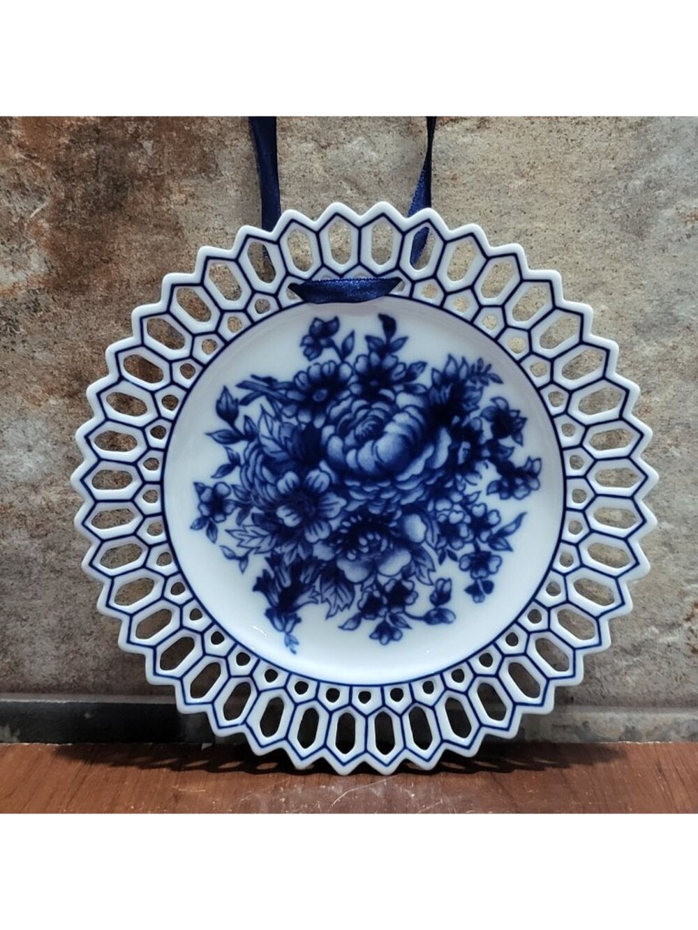 Decorative Wall Plate Center Cobalt Blue Floral Motif Geometric Pierced Openwork